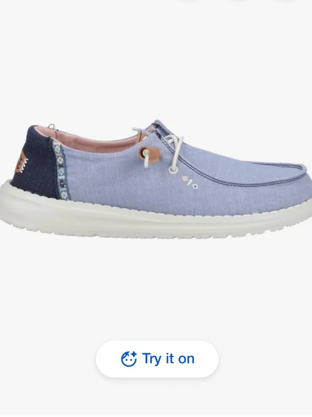 Hey Dude Wendy Chambray Boho Women's Light Blue Slip-On Loafers with Tan Accents